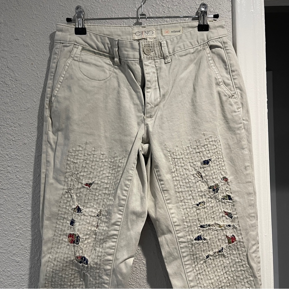 CHINO by Anthropologie cropped embroidered distressed floral patch khakis 26 - Picture 8 of 10